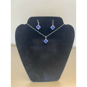 Silver Blue Sapphire Princess Cut Crystal Cubic Zirconia Necklace Earrings Set